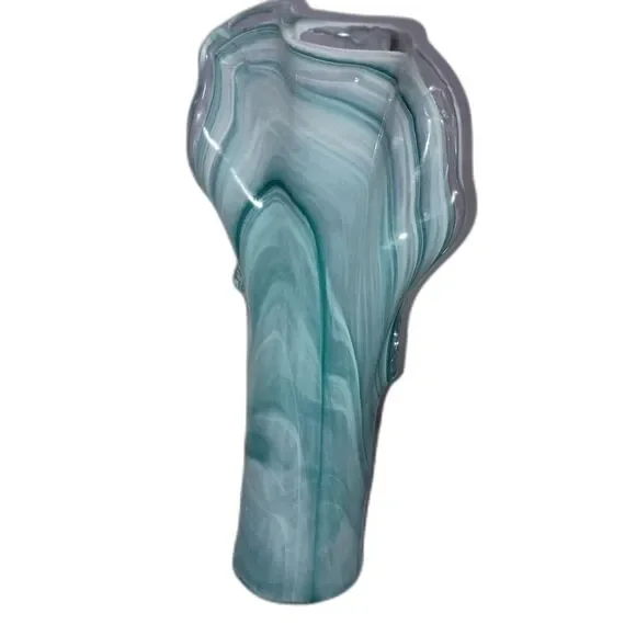 MURANO, Italy-Large, thick glass vase, ocean blue/white swirl colors ruffled top